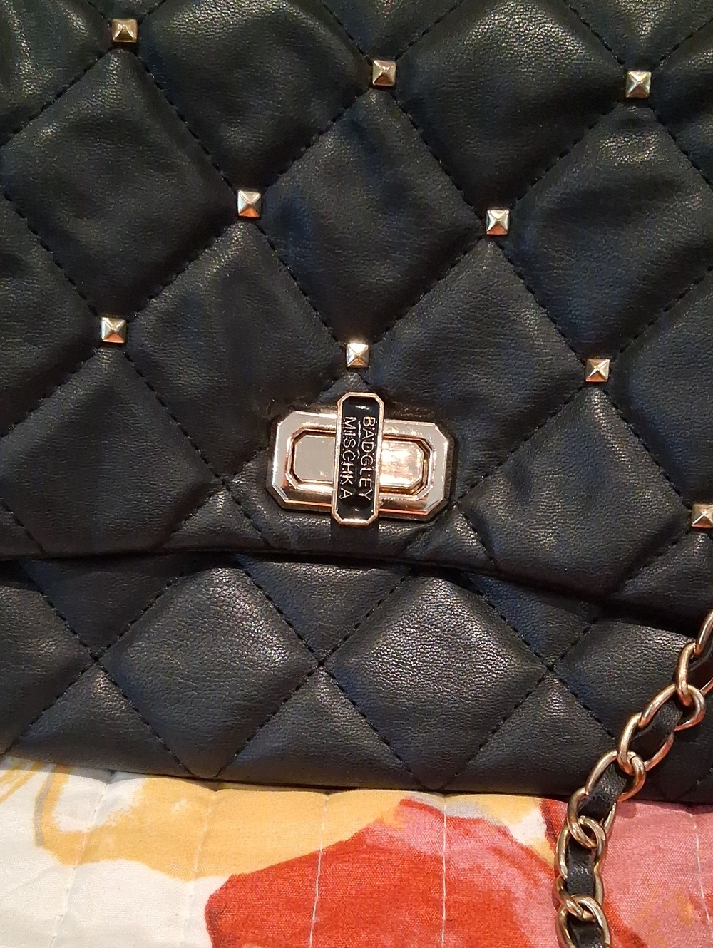 Badgley Mischka Black Quilted Crossbody with Gold Studs & Chain